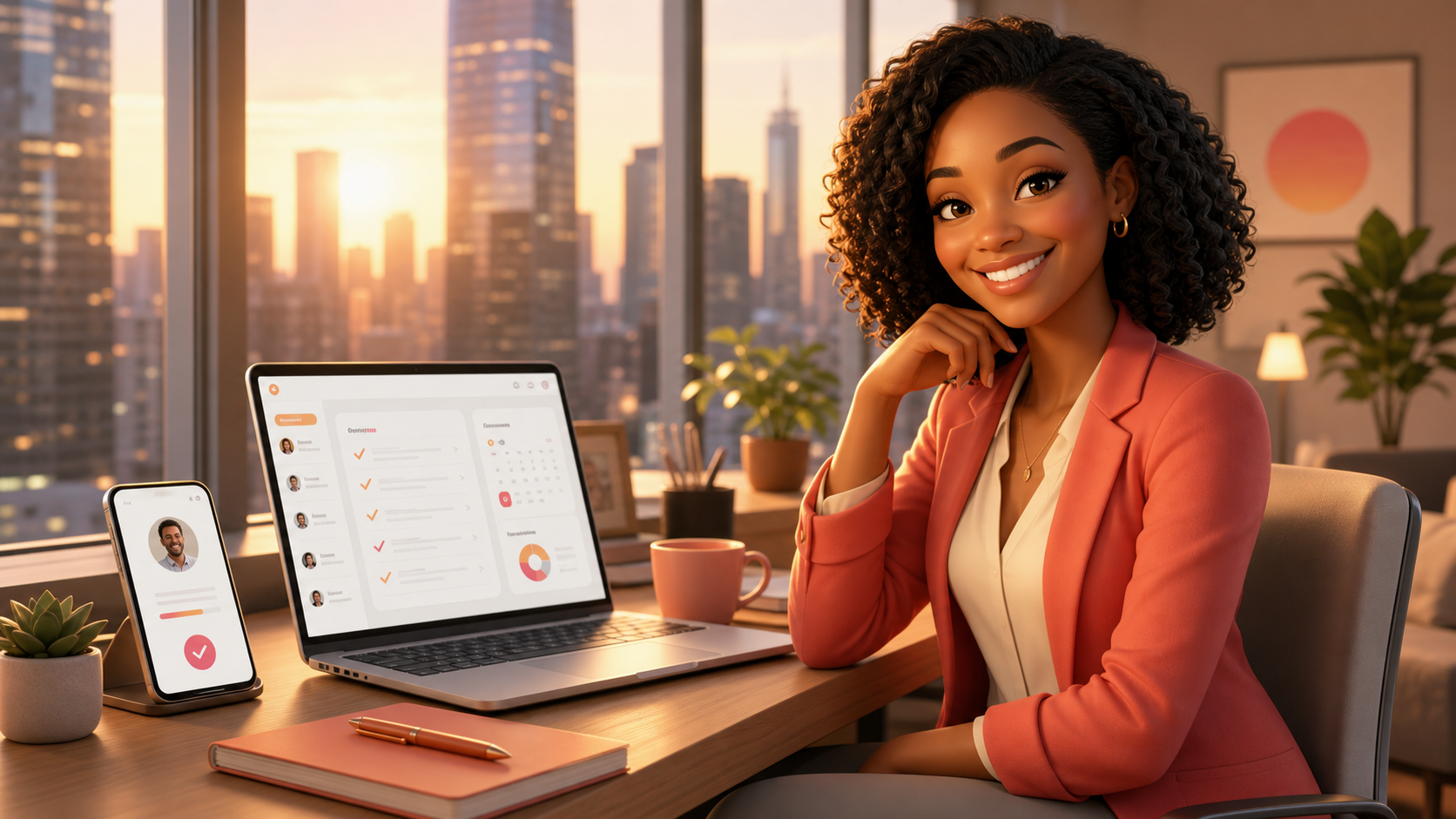 Relaxed professional in a highrise apartment reviewing organized work completed by her Bloomie