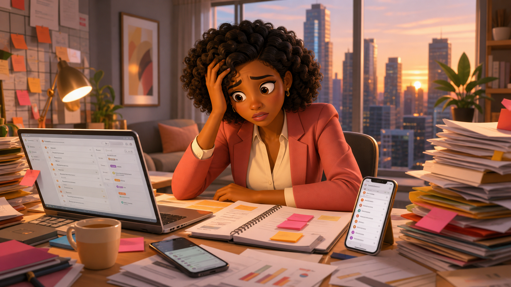 Overwhelmed professional at a highrise desk trying to manage every task herself