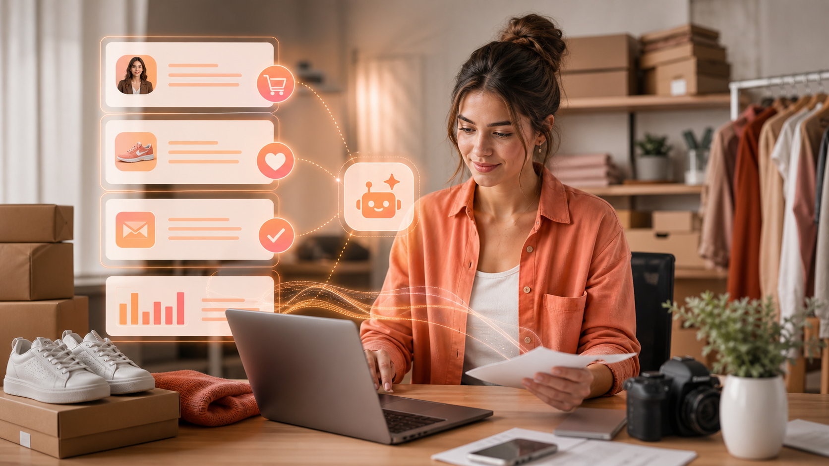 Ecommerce shop owner reviewing product content, campaigns, and customer follow-up
