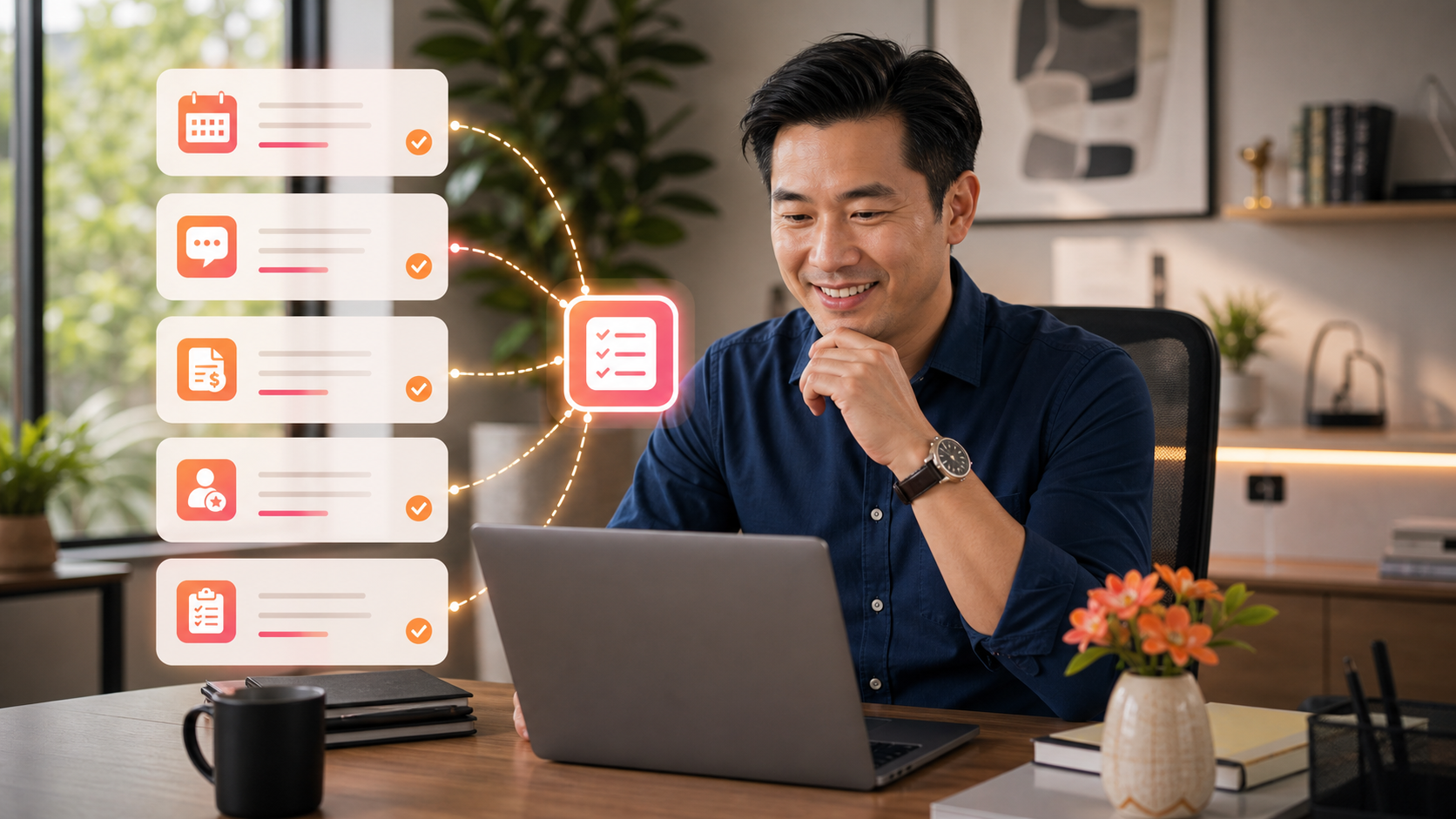 Small business owner reviewing organized customer messages and daily operations tasks
