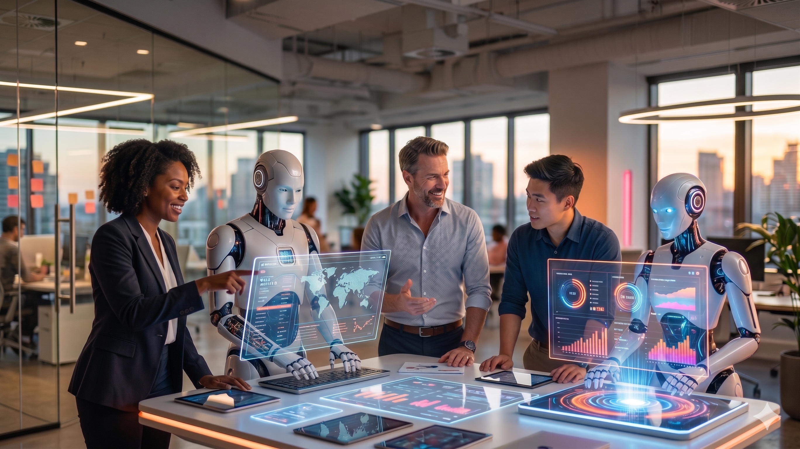 AI employees in a luxury office with city views
