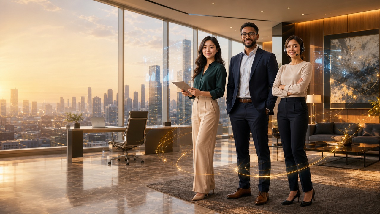 AI employees in a luxury office with city views